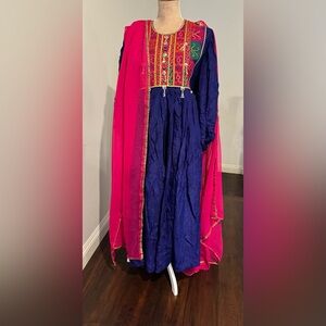 Vibrant Pink and Blue Traditional Hand Made Afghan Dress